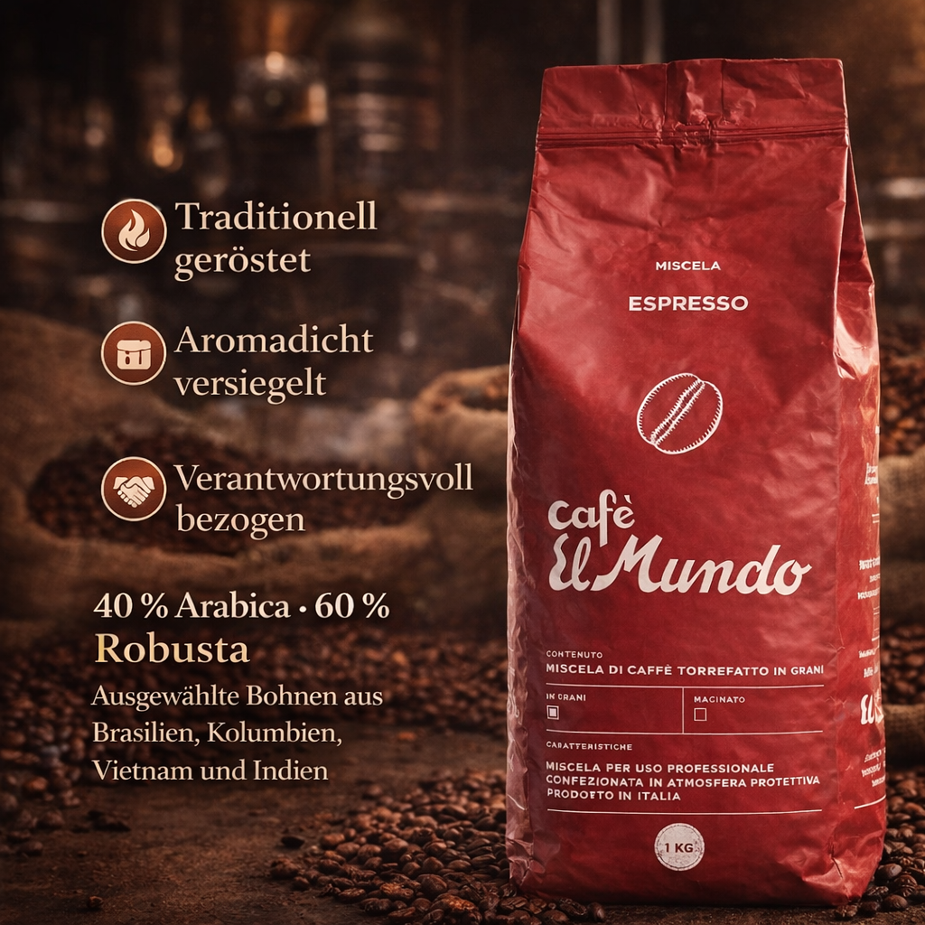 Café El Mundo Espresso Rosso – Kräftige Röstnoten mit Kakao – Espresso Intenso Blend